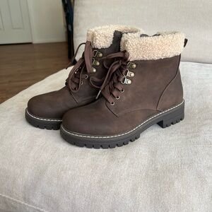 Brown hiking-style lace up boots